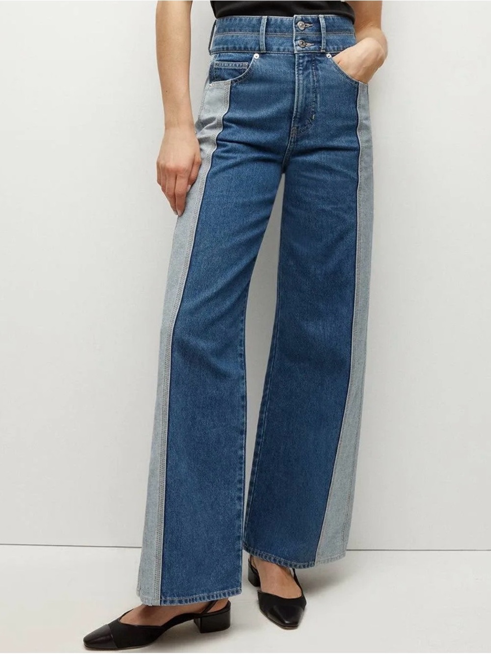 Veronica Beard Taylor Two-Tone Wide Leg Jean - Picture 3 of 9